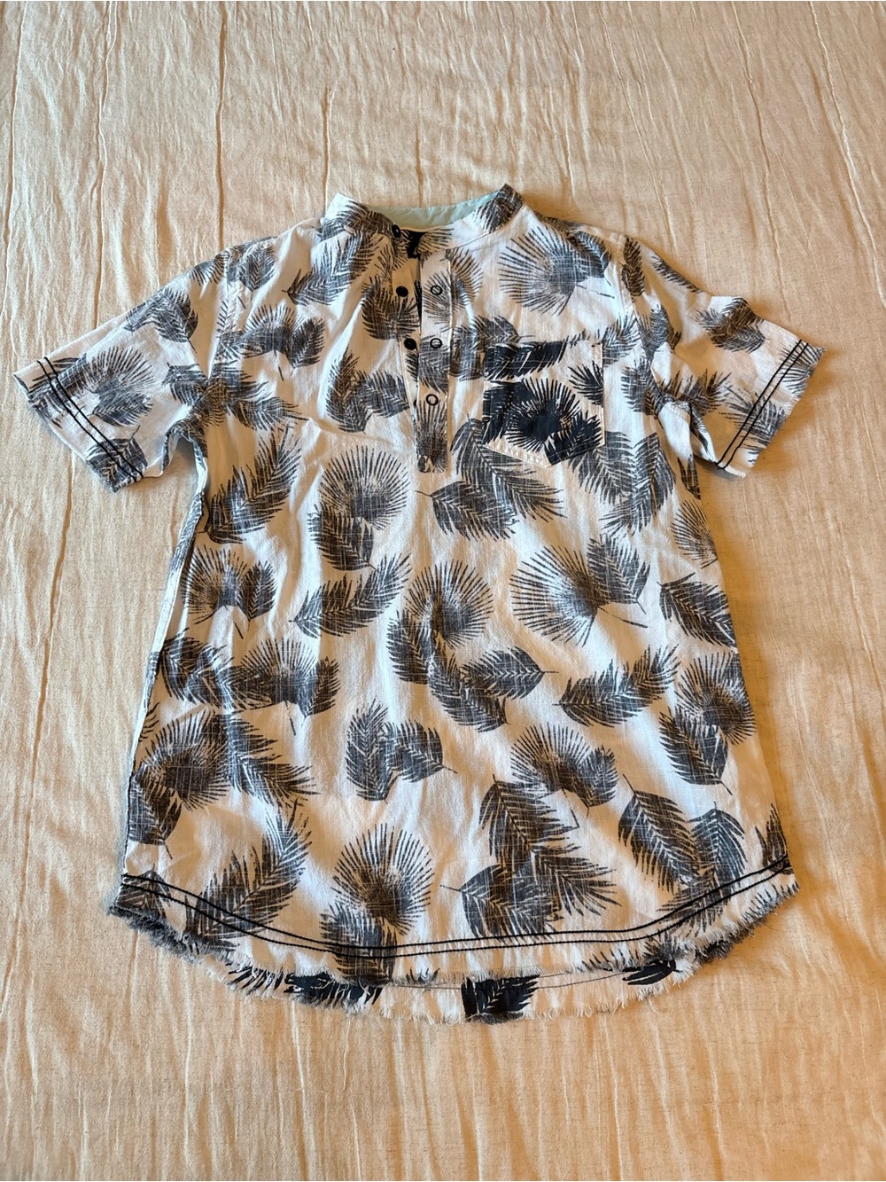 Boys White Short Sleeve Henley with Black Palm Print
